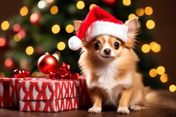 Fototapeta na wymiar Chihuahua wearing a Santa hat on a Christmas background. New Year and Christmas holidays concept