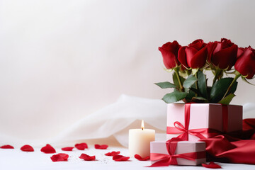 Valentine's Day concept with rose petals, gift box, candles. Generative AI
