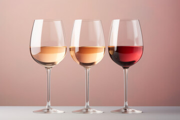 Three wine glasses containing white rose and red wine on pastel background. Generative AI