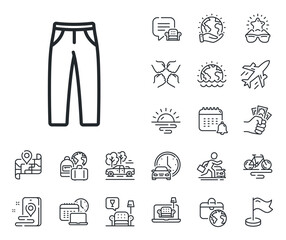 Trousers wear sign. Plane jet, travel map and baggage claim outline icons. Pants line icon. Fabric jeans symbol. Pants line sign. Car rental, taxi transport icon. Place location. Vector