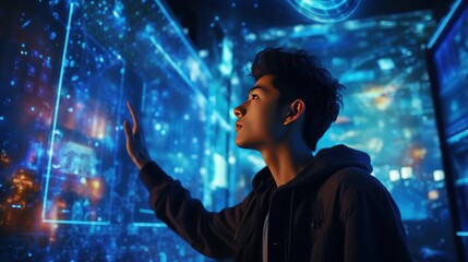 Young Asian man with wonder, curiosity, looking at holographic digital display, futuristic technology, innovation, generative ai