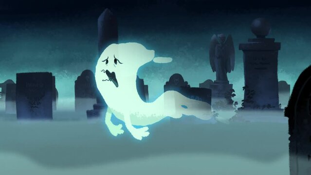 Sad ghost floating through a spooky graveyard - looping animation