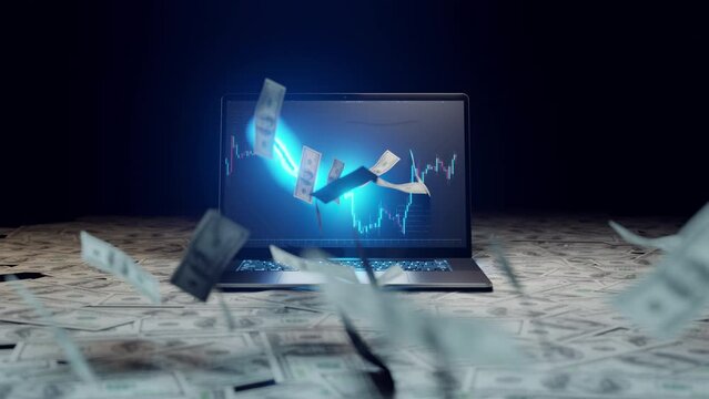 The banknote popped out from the computer screen of the laptop, concept Playing the stock market can generate passive income for you