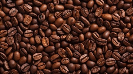 Obraz premium Top view background of aromatic brown coffee beans scattered on surface.