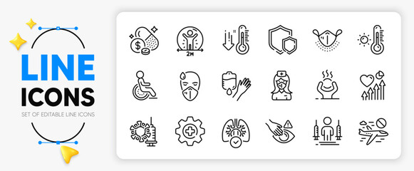 Heart beat, Dont touch and Weather thermometer line icons set for app include Lungs, Medical mask, Low thermometer outline thin icon. Medicine, Sick man, Disability pictogram icon. Vector