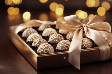 Obraz na płótnie Canvas Valentines day gift, chocolates in a tied with ribbon box closeup. 