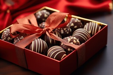 Valentines day gift, chocolates in a box with red ribbon bow closeup above view