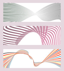 Wavy lines or ribbons. Set of 3 backgrounds. Multicolored striped gradient. Creative unusual background with abstract gradient wave lines to create a trendy banner, poster. vector eps