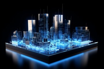 Close up city hologram and location pins on black background Map and geolocation concept
