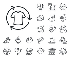 Shirt sign. Crepe, sweet popcorn and salad outline icons. Change clothes line icon. Clothing t-shirt symbol. Change clothes line sign. Pasta spaghetti, fresh juice icon. Supply chain. Vector