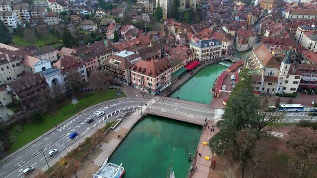 France travel and landmarks. Romantic beautiful old town of Annecy aerial drone view with medieval castle. Haute-Savoi region
4k HD video