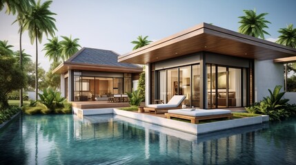 Fototapeta premium home or house construction The exterior and interior design of a tropical pool villa with a green garden and a bedroom are shown. 