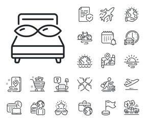 Night sleep rest sign. Plane jet, travel map and baggage claim outline icons. Bed pillows line icon. Comfort bedtime symbol. Pillows line sign. Car rental, taxi transport icon. Place location. Vector