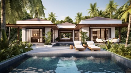 house or home The exterior design depicts a tropical pool villa with a lush garden and a sun bed.