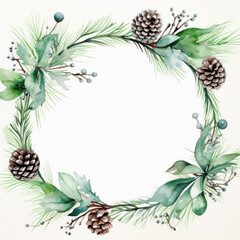 Christmas wreath frame with fir branches and pine cones, isolated on white, holiday card design