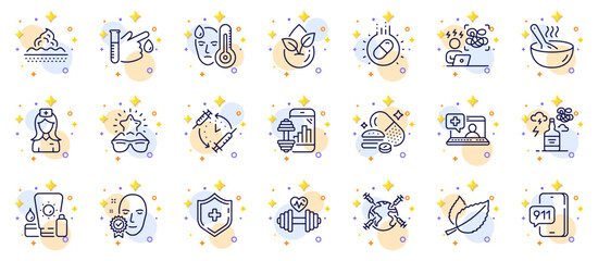 Outline set of Sunscreen, Vaccination schedule and Alcohol addiction line icons for web app. Include World vaccination, Medical shield, Hospital nurse pictogram icons. Difficult stress. Vector