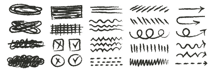 Black charcoal squiggle shapes, numbers and lines set. Set of charcoal doodle elements. Scribble shapes, lines and arrows with grunge charcoal texture - obrazy, fototapety, plakaty