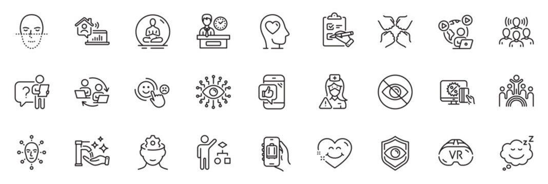 Icons pack as Eye detect, Vr and Search employee line icons for app include Washing hands, Mental health, Artificial intelligence outline thin icon web set. Not looking, Squad. Vector