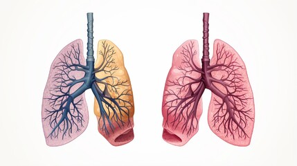 The anatomy of the human lungs. Isolated on white backdrop, realistic 3D vector artwork. Detail of the front view. The trachea connects the right and left lungs. Lung health. Organ of the respiratory  - obrazy, fototapety, plakaty