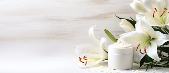 A collection of beauty products for maintaining healthy skin showcased against a white backdrop adorned with elegant lilies