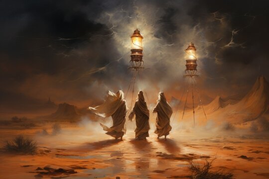 Whirling sandstorm djinns, granting three wishes to those who find their lamp - Generative AI