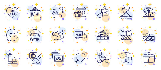 Outline set of Search puzzle, Say yes and Present line icons for web app. Include Circus tent, Popcorn, Journey pictogram icons. Puzzle, Smile chat, Gift signs. Free delivery. Vector - obrazy, fototapety, plakaty