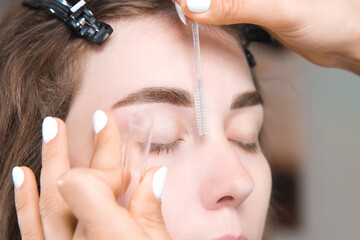Painting eyebrows with an eyebrow brush. Eyebrow care, eyebrow lamination. close-up of the master's...
