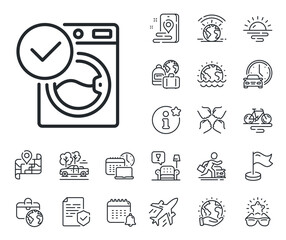 Wash laundry sign. Plane jet, travel map and baggage claim outline icons. Washing machine line icon. Washable cleaner symbol. Washing machine line sign. Car rental, taxi transport icon. Vector