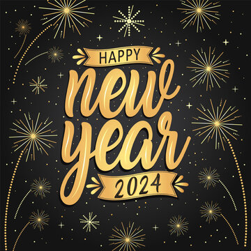 Happy new year 2024 with festive. Lettering Composition With Stars And Sparkles. Vector Illustration. dark background. holyday decorative elements. congratulation