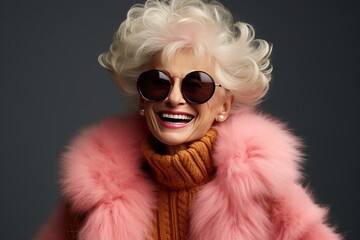 Elegant Senior Woman Radiates Style in Vibrant Pink Fur Coat and Chic Sunglasses at Fashion Studio