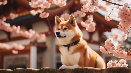 Küchenrückwand glas motiv Shiba Inu dog breed against the background of cherry blossoms. Generation AI © MiaStendal