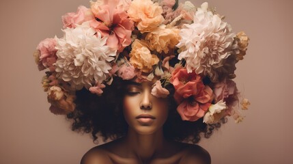 Mental health awareness and self care. Happiness and inner peace with strong and feminine personality. Psychological balance for mother or female. Woman with her head covered with flowers.