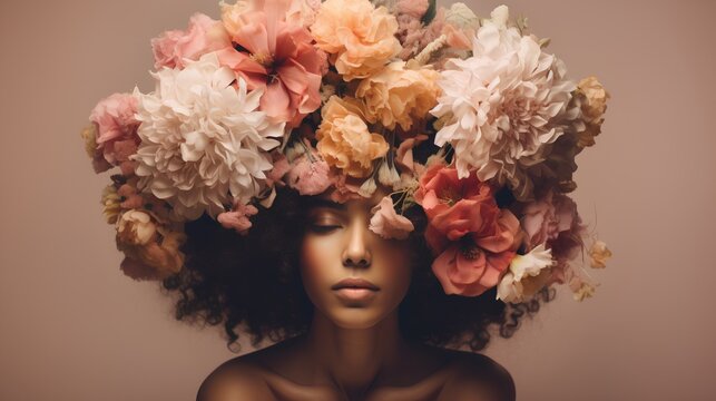 Mental health awareness and self care. Happiness and inner peace with strong and feminine personality. Psychological balance for mother or female. Woman with her head covered with flowers.