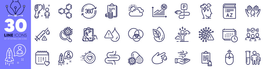 Startup, Covid virus and Waterproof line icons pack. Medical analyzes, Coronavirus research, Timer web icon. Blood donation, Vocabulary, Difficult stress pictogram. Healthcare calendar. Vector