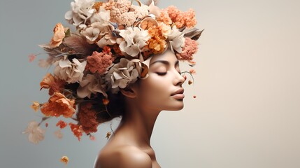Mental health awareness and self care. Happiness and inner peace with strong and feminine personality. Psychological balance for mother or female. Woman with her head covered with flowers. - obrazy, fototapety, plakaty