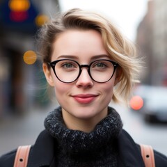 portrait of a young woman on the street in glasses.