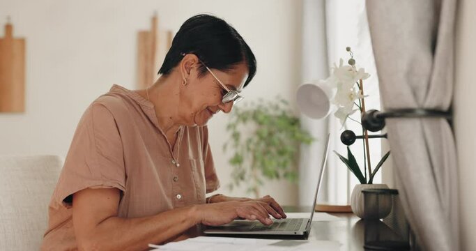 Home laptop, documents and senior happy woman with on web research, bank account bills or search retirement info. Finance, savings or elderly person smile, reading or typing financial budget plan