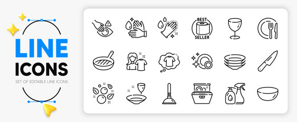 Cleaning liquids, Dish and Clean dishes line icons set for app include Bowl dish, Dont touch, T-shirt outline thin icon. Dishwasher, Grill pan, Glass pictogram icon. Clean bubbles. Vector - obrazy, fototapety, plakaty
