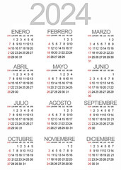 Vertical calendar in Spanish for 2024. Week starts on Sunday. Minimalist white background design.