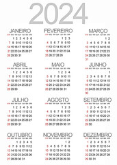 2024 Calendar template in Portuguese on white background. Simple desktop planner. Week starts on Sunday.