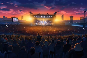 Crowds in a rock concert in a large stadium with many visitors.