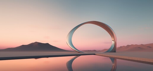 Fantasy world, futuristic fantasy image. Surreal landscape with water and colorful sand. Podium, display on the background of abstract glass, mirror shapes and objects.	 - obrazy, fototapety, plakaty