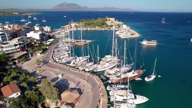 Datca, Mugla, Turkey. Aerial view of Datca. Beautiful sea and marina view. Drone shot.