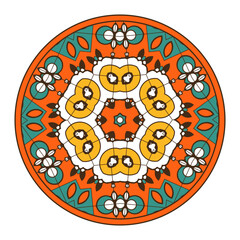 Mandala with original ethnic ornament. Orange and yellow colors predominate. Vector illustration