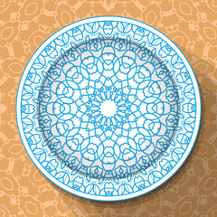 
A white plate with an openwork blue ornament, located on a light brown patterned tablecloth. Vector illustration