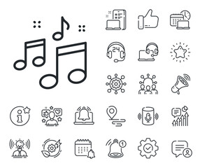 Musical note sign. Place location, technology and smart speaker outline icons. Music line icon. Audio sound symbol. Music line sign. Influencer, brand ambassador icon. Support, online offer. Vector