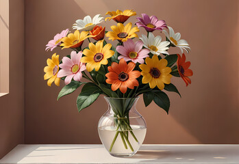 Bouquets of flowers in a vase in a decorative space with a pastel background