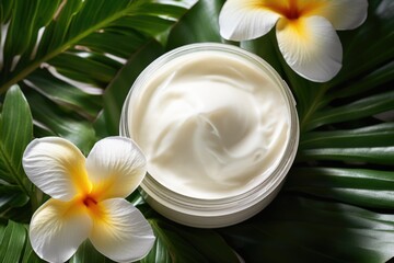 Natural Cream Concept. Jar with white natural cream on the background of tropical greenery. Top view.