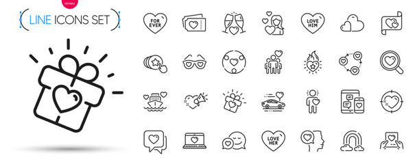 Pack of Friendship, Dating and Hold heart line icons. Include Heart, Friends community, Love letter pictogram icons. Inclusion, Love glasses, Care signs. Honeymoon travel. Vector