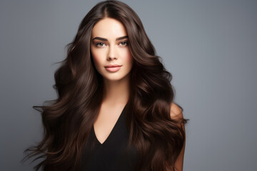 Portrait of pretty brunette with wavy long chic hair on dark gray background.